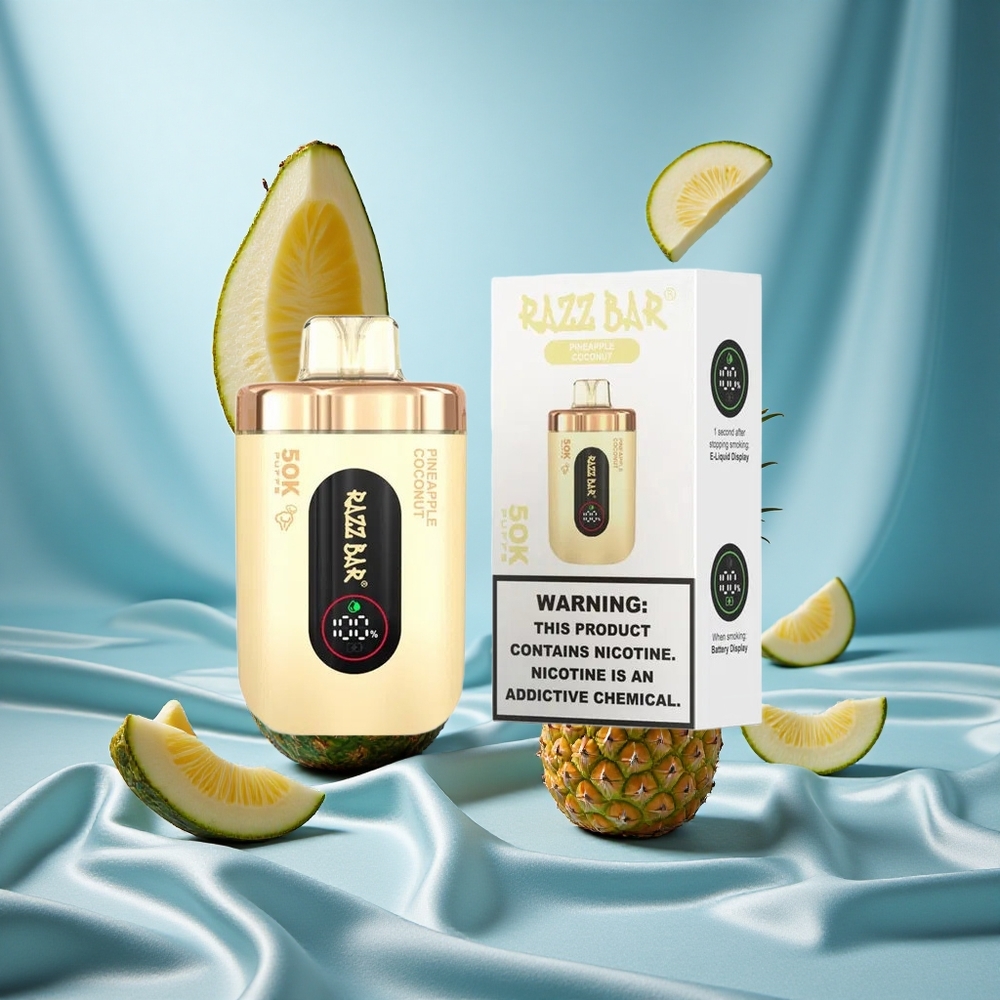 Razz Bar 50K Puffs Ananas Cocco Bobina Mesh 1.0 Ohm Ricaricabile Tipo-C